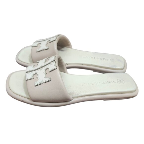 Tory Burch Women Leather Slide Sandals Double T Logo Beige Cream Flat Slip On 10 - Picture 6 of 12